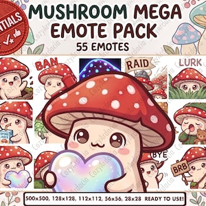 Peut inclure: Une collection numérique intitulée Mushroom Mega Emote Pack comprenant 55 émoticônes. Les graphiques présentent divers champignons de dessin animé avec des chapeaux rouges à pois blancs, certains tenant des objets comme un cœur, une brique de jus ou des panneaux étiquetés Ban, Raid, Lurk et BRB.