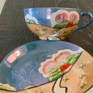Vintage Lusterware Japanese Cups and Saucers Iridescent Landscape Teacups