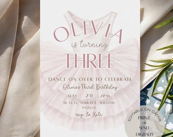 Ballet Birthday Invitation Girl | Tutu Party, Blush Pink (Canva Editable)