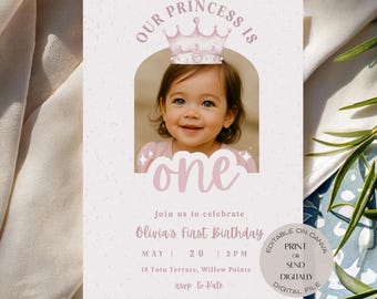 Princess First Birthday Invitation | Photo, Pink, Editable (Canva Template)