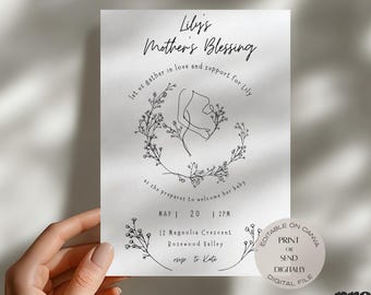Mothers Blessing Invitation Template Boho Line Art Blessingway Invite Editable Canva Minimalist Floral Baby Shower Alternative