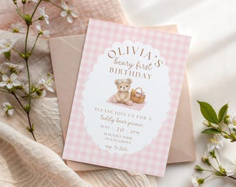 teddy bear picnic birthday invitation girl first birthday pink gingham invite editable template beary first birthday party invite printable