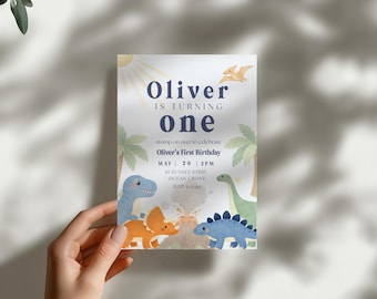 Dinosaur First Birthday Invitation Template Boy Dino Party Invite Editable Canva Kids Prehistoric Birthday Volcano Theme