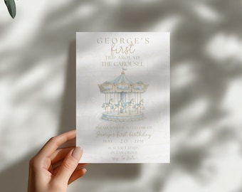 First Trip Around The Carousel First Birthday Invitation Blue Gold Vintage Carousel Party Invite 5x7 Printable Canva Template