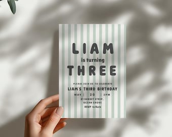 Simple Birthday Invitation Template Editable 3rd Birthday Invite Boy Green Stripe Birthday Minimalist
