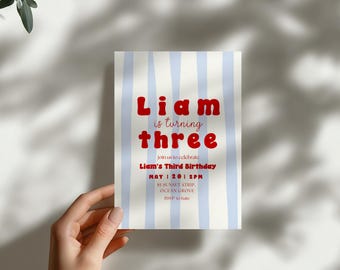 Retro Blue Stripes Third Birthday Invitation (Digital Download)