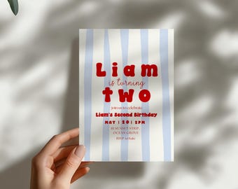 Simple Birthday Invitation Template Boy Second Birthday Invite Retro Kids Birthday Party Invitation Blue Stripes Toddler Birthday Invite