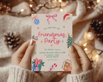 Friendsmas Party Invitation Template Editable Christmas Party Invite Pink Bow Holiday Gathering Invitation Printable Canva Template 5x7