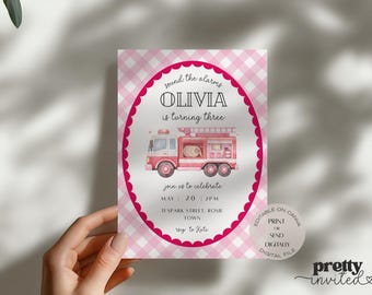 Girl Fire Truck Birthday Invitation Pink Firefighter Party Invite Sound The Alarms Editable Printable Toddler Birthday
