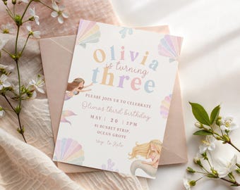 Pastel Mermaid Third Birthday Invitation Template Mermaid 3rd Birthday Invite Editable Under the Sea Birthday Party Ocean Birthday Printable
