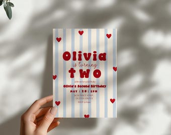 Two Sweet Birthday Invitation Template Red Hearts Blue Stripes Second Birthday Party Invite Editable Girls 2nd Birthday Digital Download