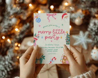 Merry Little Christmas Party Invitation Editable Canva Template Pink Bow Holiday Party Invite Printable Festive Gathering Christmas 5x7