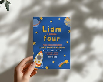 Space Birthday Invitation Template Rocket Birthday Invite Outer Space Party Editable Canva Printable Boy Birthday Digital Download 5x7