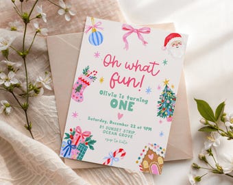 Oh What Fun Christmas First Birthday Invitation Editable Canva Template Winter Onederland 1st Birthday Party Invite Pink Christmas