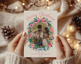 Plantilla de tarjeta navideña colorida con foto Tarjeta navideña familiar original Tarjeta navideña navideña familiar editable con foto Tarjeta navideña festiva