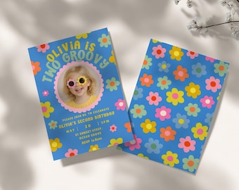 Two Groovy Birthday Invitation Template Retro Flower Birthday Invite Girl 2nd Birthday Invitation Photo Two Groovy Party Invite Editable