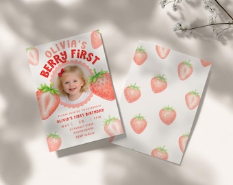 Berry First Birthday Invitation Template Strawberry First Birthday Invite Photo Girl 1st Birthday Invitation Editable Pink Red Strawberry