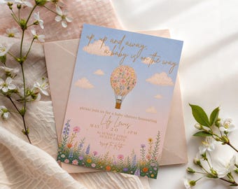 Plantilla de invitación digital para baby shower con diseño floral y globos aerostáticos (descarga gratuita).