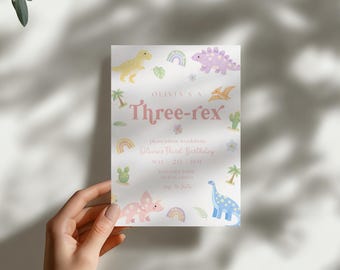 Three Rex Dinosaur Birthday Invitation Editable Floral Dinosaur Third Birthday Invite Pastel Dino Party Canva Template 5x7 Printable Girl
