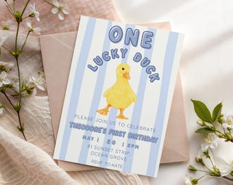 One Lucky Duck First Birthday Invitation Template Blue Stripe Duck Birthday Invite Editable Printable Boy First Birthday Duck Theme Invite