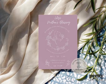 Plantilla de invitación para la bendición de la madre, rosa, bohemia, editable, para ceremonia espiritual, imprimible.