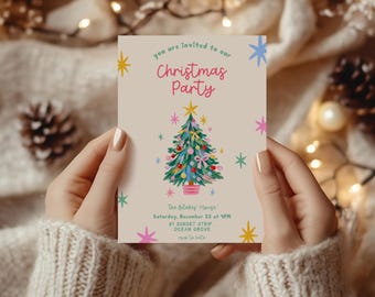 Plantilla editable de invitación para fiesta de Navidad Invitación colorida con árbol de Navidad Invitación moderna para fiesta navideña Plantilla imprimible de Canva 5x7