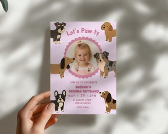 Puppy Party Invitation Dog Theme Invite 2nd Birthday Photo Invite Template Digital Download Pink