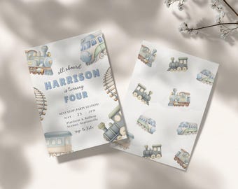 Watercolor Train Birthday Invitation • Editable Canva Template 5x7"