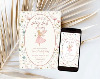 Fairy First Birthday Invitation, Editable Invite, Floral Wildflower Girl Birthday (Digital Download) 5X7
