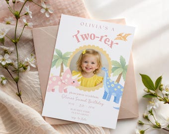 Two Rex Birthday Invitation Template Photo Dino Party Invite Girl Dinosaur 2nd Birthday Invitation Editable Pastel Pink