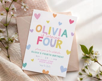 Pastel Heart Birthday Invitation: Editable Canva Kids Party Invite (Digital Download)