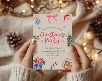 Plantilla editable de Canva para invitación a fiesta de Navidad. Invitación navideña colorida y original con lazo rosa y Papá Noel. Invitación imprimible de 5x7 pulgadas.