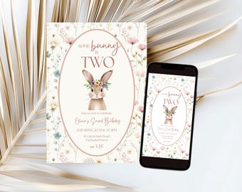 Some Bunny Is Two Invitation | Floral Bunny 2nd Birthday (Editable Canva Template)