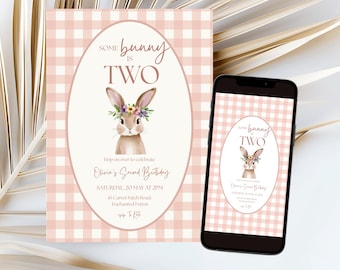 Some Bunny is Two Bunny Second Birthday Invitation Template Pink Gingham Editable Canva 5x7