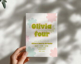 Groovy Birthday Invitation Template Retro Daisy Party Invite Editable Canva Printable Girl Birthday