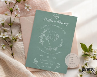 Mother’s Blessing Invitation Template Sage Green | Boho Editable Blessingway Invite | Printable Spiritual Ceremony