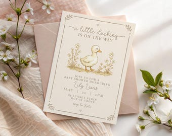 Duck Baby Shower Invitation Template Little Duckling Is On The Way Editable Canva Invite Vintage Neutral Baby Shower Invite Gender Neutral