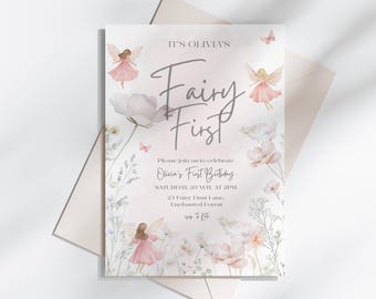 Pink Fairy First Birthday Invitation Template, Floral Party Invite (5x7")