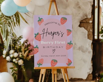 Berry First Birthday Welcome Sign, Editable Template (Canva, 18x24)