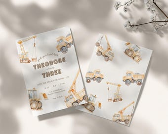 Construction Truck Birthday Invitation, Yellow Watercolor (Digital Download)