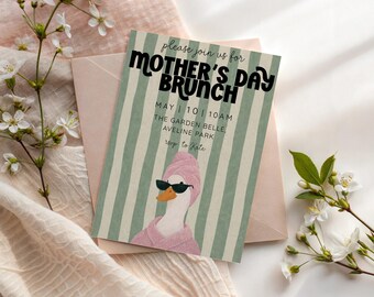Mothers Day Brunch Invitation Template Printable Duck Invite Chic Mothers Day Party Invite Editable Template Sage Green Pink Retro Brunch