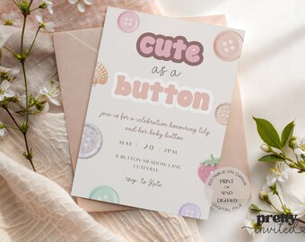 Cute As A Button Baby Shower Invitation Editable Template Canva Baby Shower Invite Girl Neutral Printable Baby Shower Digital Download