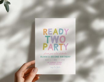 Kids Second Birthday Invitation Template: Colorful "Ready Two Party" Design (Digital Download)