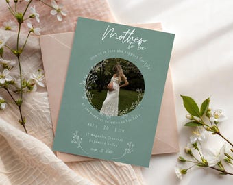 Mother To Be Invitation Template Sage Green Baby Shower Invite With Photo Minimalist Floral Baby Shower Invitation Editable
