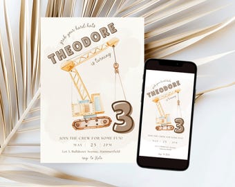 Construction 3rd Birthday Invitation, Crane, Digger (Digital Download)