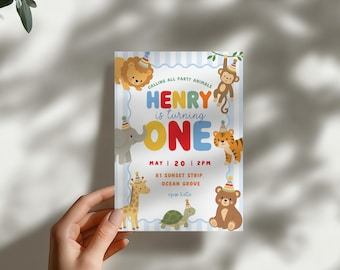 Invitación de primer cumpleaños con temática de animales de safari azules. Plantilla editable de Canva para el primer cumpleaños de Wild One.