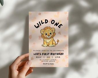 Plantilla de invitación de cumpleaños de león Wild One editable en Canva. Invitación de primer cumpleaños de león. Invitación de fiesta de cumpleaños de animales de safari adorable para niño.