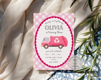 Pink Garbage Truck Birthday Invitation Girl Dump Everything Party Invite Recycling Truck Editable Printable Toddler Birthday