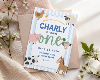 Invitación de primer cumpleaños con animales de granja, diseño de rayas azules, plantilla editable de Canva.