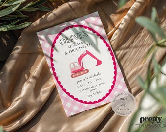 Pink Digger Birthday Invitation Girl Construction Party Invite Three And Digging It Editable Printable Toddler Birthday